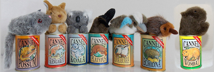 canned possum, kangaroo, koala, platypus, kookaburra, echidna, wombat